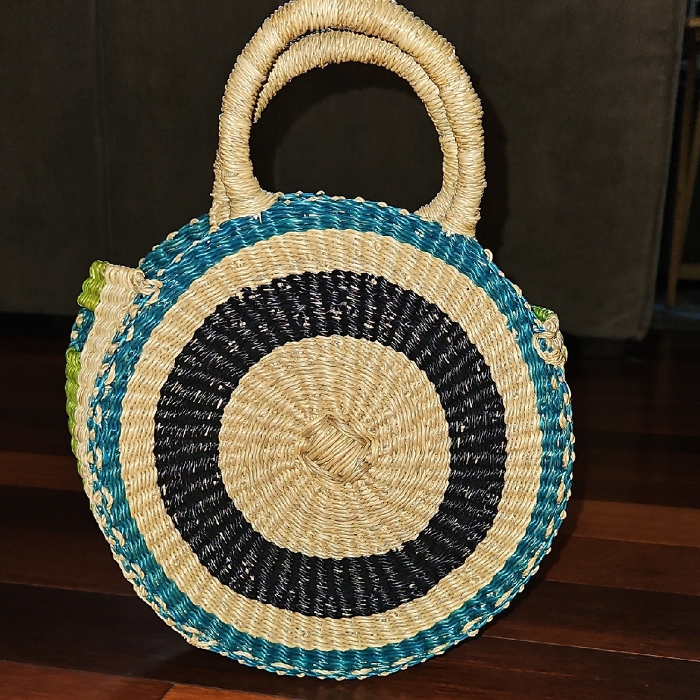 Nena & Co.Handcrafted Woven Ghana Full Moon Fair Trade Straw Tote Artisan Signed